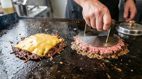 Cooking burgers on a grill with melted cheese and a spatula pressing down, showcasing delicious grilled texture.