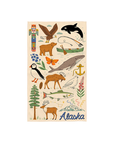 Alaska kitchen tea towel illustrated with bald eagle, orca, brown bear, moose, puffin, whale, salmon and totem pole on cream