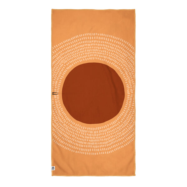 Orange Alpenglow Wander Towel with unique double-sided design and built-in hanging loop, super absorbent and sand-resistant.