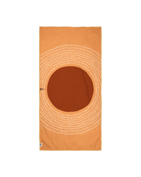 Orange Alpenglow Wander Towel with unique double-sided design and built-in hanging loop, super absorbent and sand-resistant.