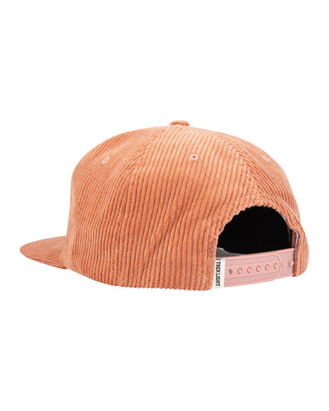 Trek Light 6-panel snapback hat in peach corduroy with flat brim, adjustable fit, stylish back view