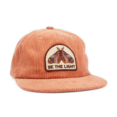 Trek Light "Be The Light" hat with moth design, 6-panel unisex snapback, flat brim in corduroy. Stylish headwear for all sizes.