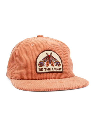 Trek Light "Be The Light" hat with moth design, 6-panel unisex snapback, flat brim in corduroy. Stylish headwear for all sizes.