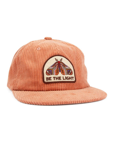 Trek Light "Be The Light" hat with moth design, 6-panel unisex snapback, flat brim in corduroy. Stylish headwear for all sizes.
