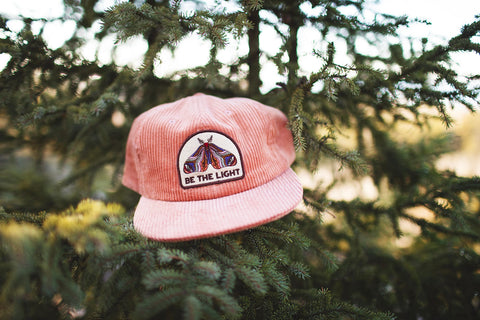 Trek Light Be The Light snapback hat with moth patch, flat brim; chic pink corduroy design nestled in green pine branches.