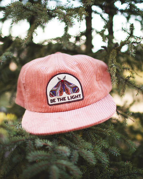 Trek Light Be The Light snapback hat with moth patch, flat brim; chic pink corduroy design nestled in green pine branches.