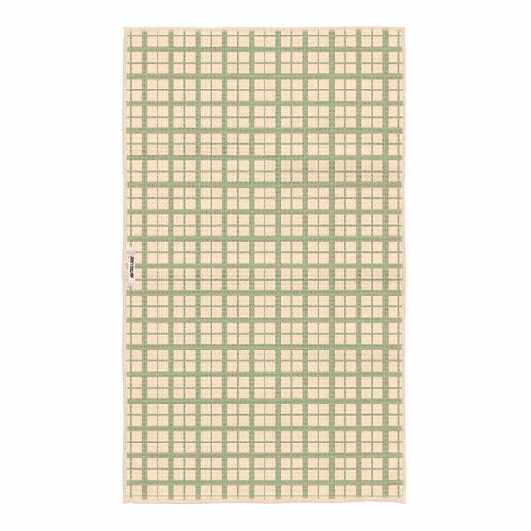 Beetlemania Kitchen & Tea Towel, eco-friendly and super absorbent, with green checkered pattern and hanging loop for easy drying.