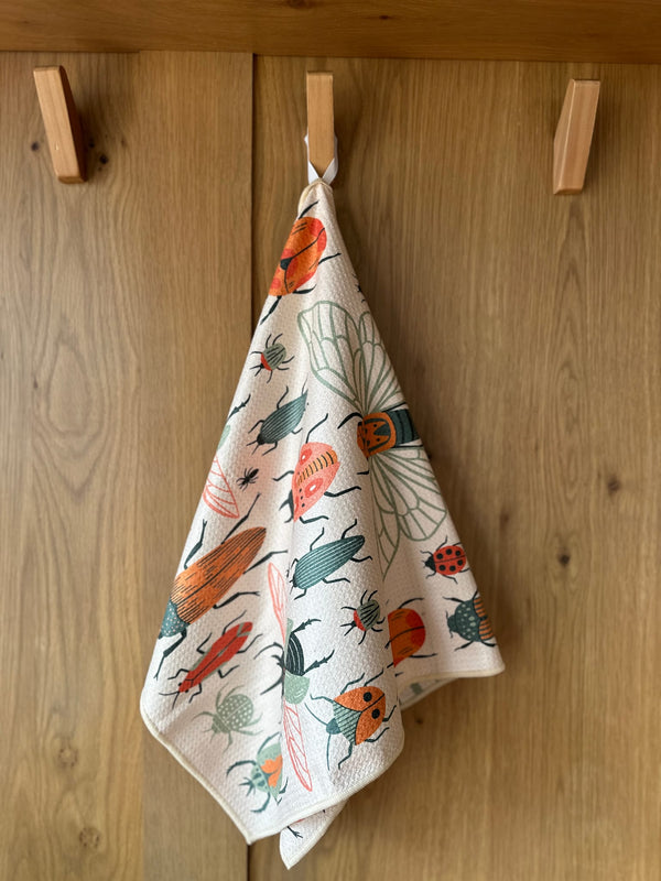Beetlemania Kitchen & Tea Towel with insect design, eco-friendly, made from recycled materials, featuring absorbent Grip-Texβ’ fabric.