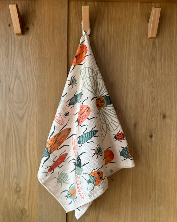 Beetlemania Kitchen & Tea Towel with insect design, eco-friendly, made from recycled materials, featuring absorbent Grip-Tex™ fabric.