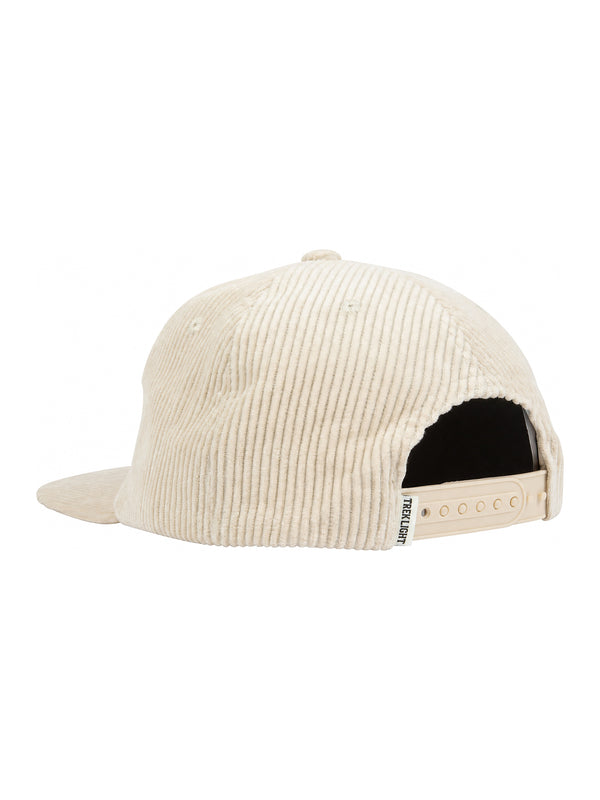 Trek Light Big Fan Of Fun Hat, beige corduroy snapback with flat brim, stylish vent holes, and adjustable fit for comfort.