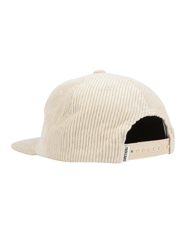 Trek Light Big Fan Of Fun Hat, beige corduroy snapback with flat brim, stylish vent holes, and adjustable fit for comfort.