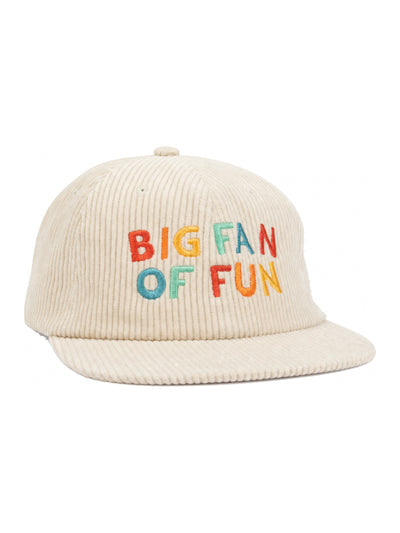 Beige Snapback Hat with 'Big Fan Of Fun' Text, Flat Brim, 100% Cotton Corduroy, Stylish Vent Holes, Trek Light