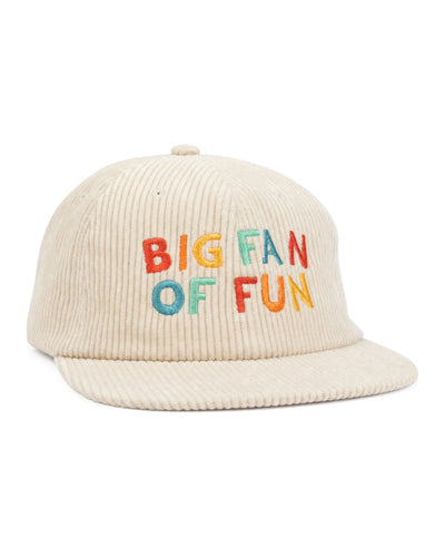 Beige Snapback Hat with 'Big Fan Of Fun' Text, Flat Brim, 100% Cotton Corduroy, Stylish Vent Holes, Trek Light
