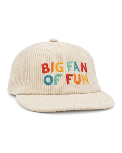 Big Fan Of Fun Hat in cream corduroy with multicolor embroidered block letters reading "BIG FAN OF FUN," on white.