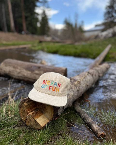 Big Fan Of Fun Hat resting on a log by a stream in a natural setting, perfect for outdoor festivals and everyday wear.