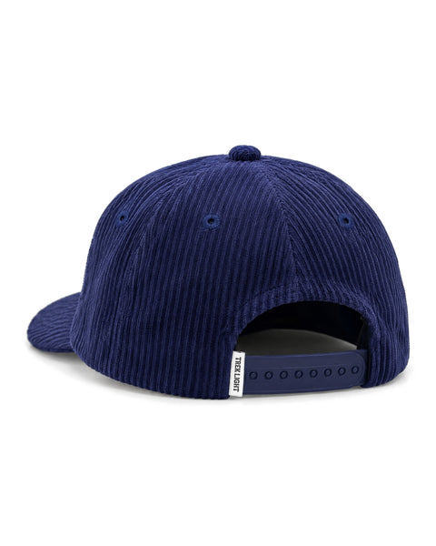 Back view of the Big Fan Of Fun Kids Hat, a navy blue wide-wale corduroy snapback with a lightly curved brim, on white.