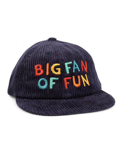 Big Fan Of Fun Kids Hat, Trek Light, 6-panel snapback, flat brim, 100% cotton corduroy, colorful embroidered text.