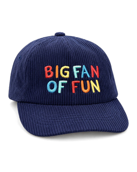 Big Fan Of Fun Kids Hat in navy corduroy with multicolored embroidered letters reading "Big Fan of Fun," shown on white.