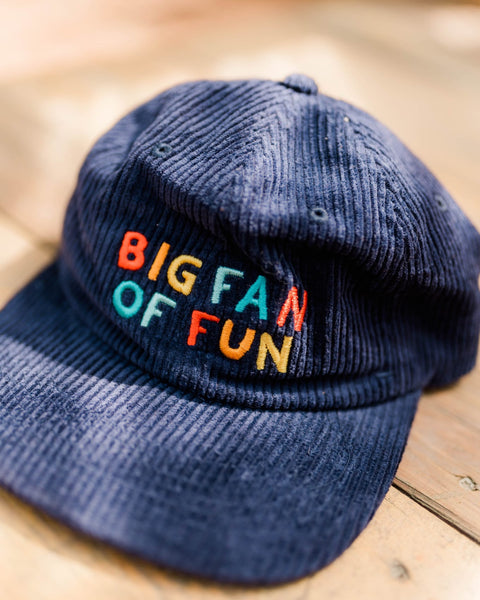 Big Fan Of Fun Kids Hat with colorful embroidery on navy corduroy fabric.