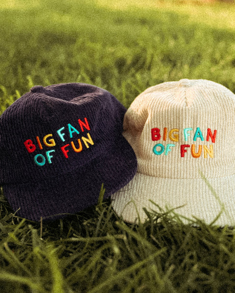Big Fan Of Fun Hat Twinsie Set: navy and cream corduroy caps with colorful embroidered letters resting in sunlit grass.