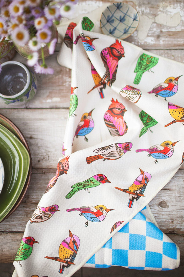 Bird Song Kitchen & Tea Towel featuring vibrant bird prints, perfect for drying dishes and adding style to your kitchen.
