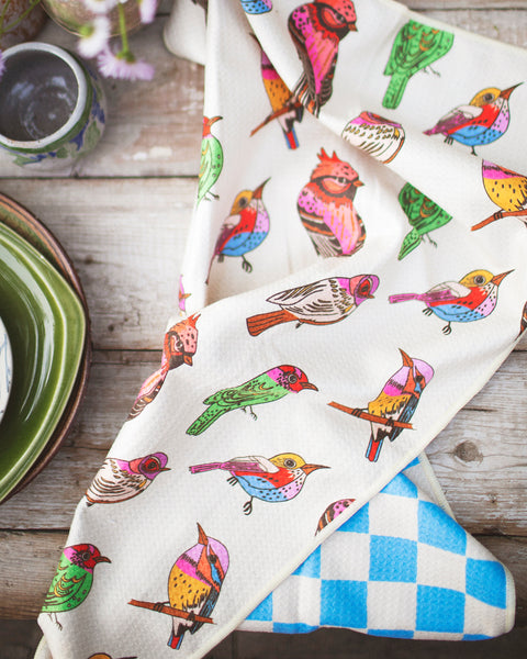 Bird Song Kitchen & Tea Towel featuring vibrant bird prints, perfect for drying dishes and adding style to your kitchen.