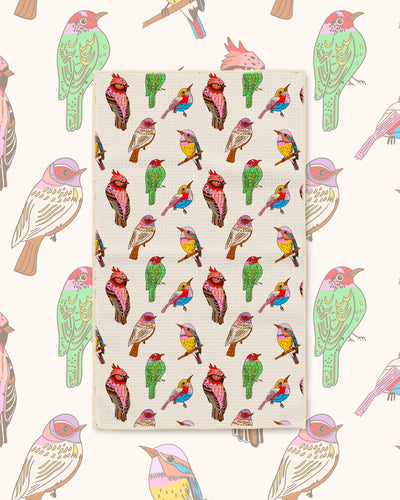 Bird Song Kitchen & Tea Towel with colorful red, green and blue birds on a cream background