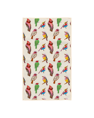 Bird Song Kitchen Tea Towel with vibrant bird patterns, eco-friendly, super absorbent Grip-Tex™ fabric, and quick-drying design.