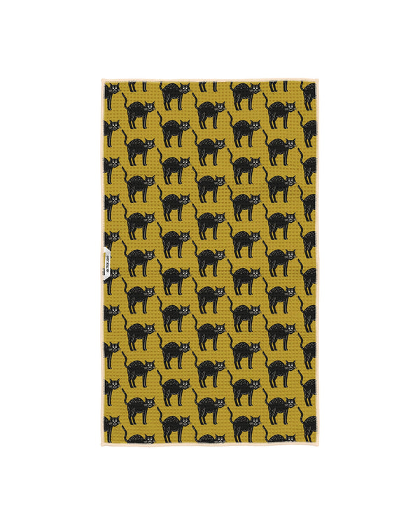 Black Cats Kitchen Tea Towel featuring a vibrant black cat pattern on a yellow background, perfect for stylish kitchens.