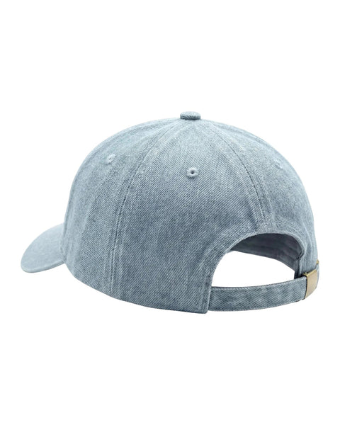 Back view of the Book Worm Kids Hat, a light blue washed denim cap with a metal buckle strap, on white.