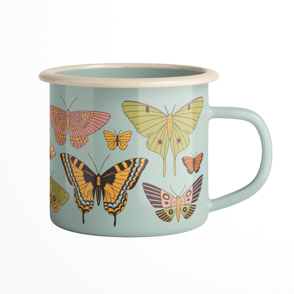 Handle-side view of Butterfly Beauty enamel mug featuring luna moth, tiger swallowtail, and pink moth illustrations on sage