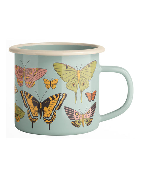 Handle-side view of Butterfly Beauty enamel mug featuring luna moth, tiger swallowtail, and pink moth illustrations on sage