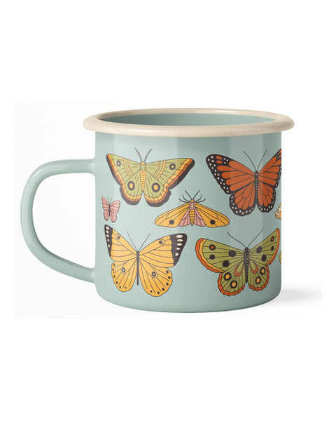 Side view of 16oz Butterfly Beauty enamel camping mug with cream rolled rim, yellow swallowtail, monarch, and pink