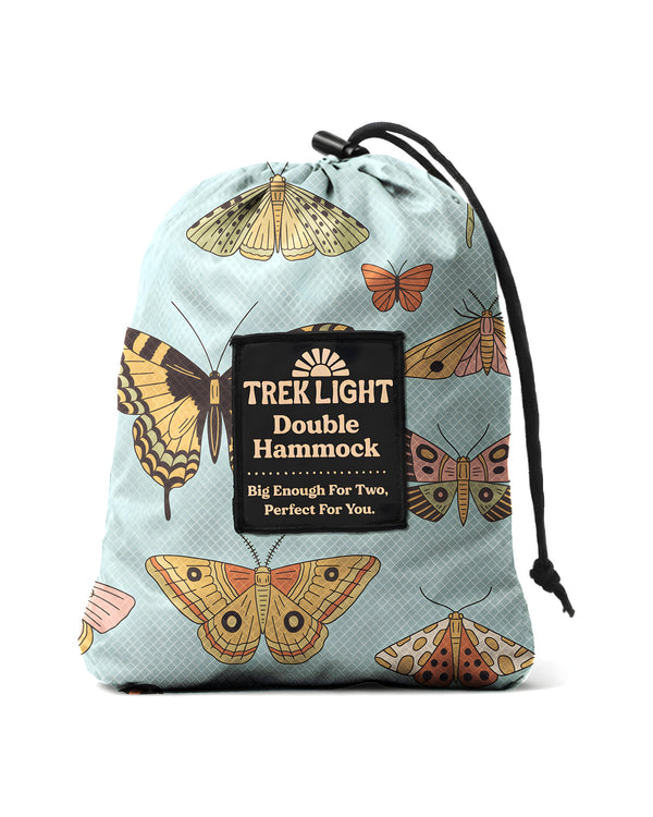 Double Hammock (Butterfly Dreams) in a pack featuring colorful butterfly designs and logo, perfect for camping.
