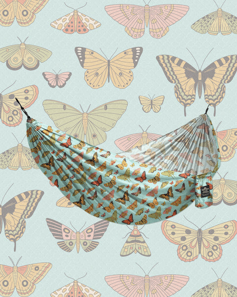 Double Hammock (Butterfly Dreams) with vibrant butterfly design and packable convenience for maximum comfort.