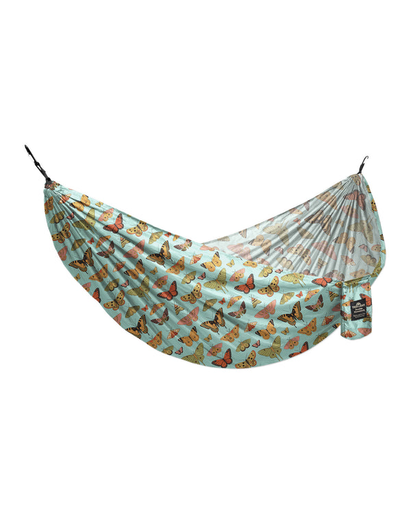 Double Hammock (Butterfly Dreams) with butterfly pattern, ultra-comfortable and packable for outdoor relaxation.
