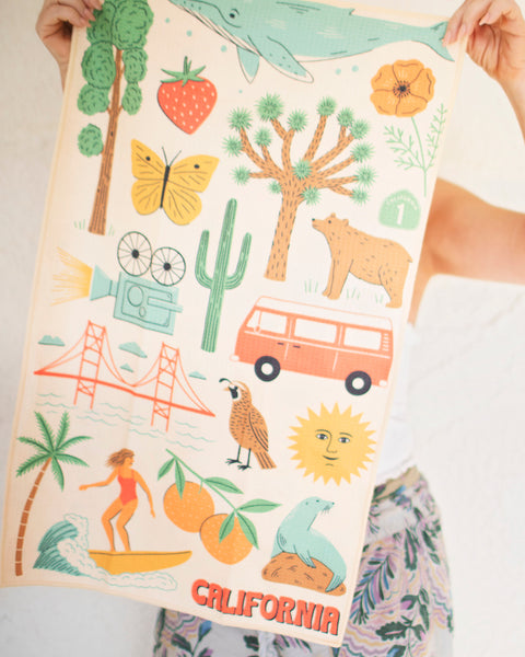 California Kitchen & Tea Towel featuring iconic California designs like the Golden Gate Bridge, surf, and wildlife.