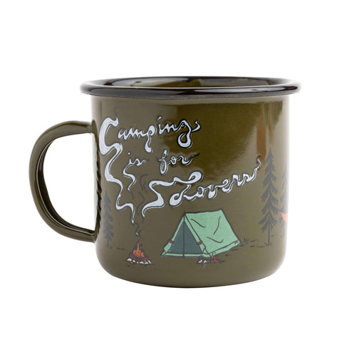 Camping Is For Lovers 12oz enamel mug by Trek Light, featuring a forest scene and tent illustration, perfect for outdoor adventures.