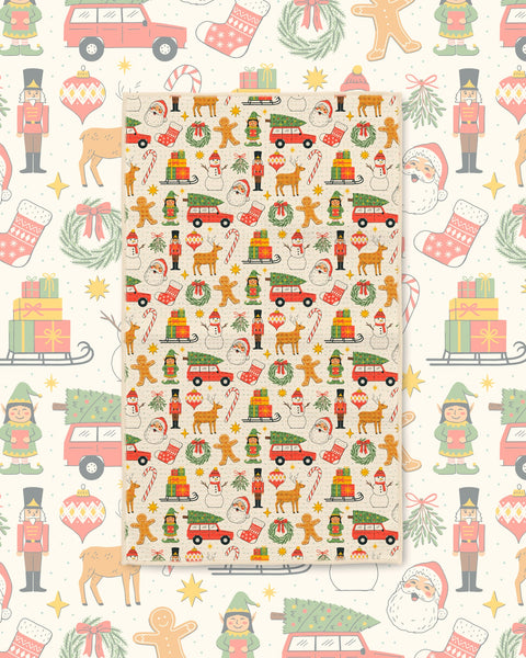 Holiday kitchen tea towel with festive Christmas icons on a matching cream pattern backdrop