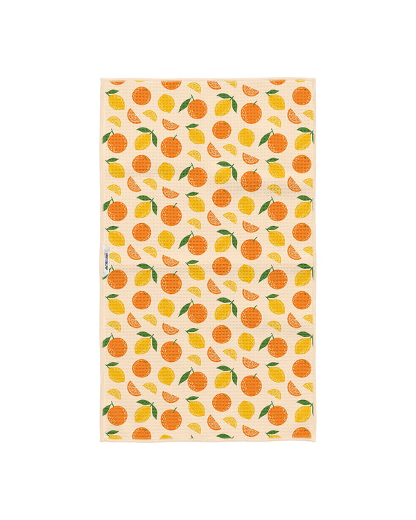 Citrus Saved Me Kitchen Tea Towel with vibrant orange and lemon design, eco-friendly, super absorbent, perfect for any kitchen decor.