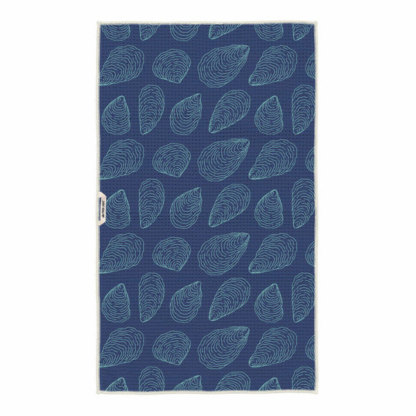 Coastal Oysters Kitchen & Tea Towel with blue oyster shell pattern, made from 100% recycled materials, featuring Grab-Texβ’ fabric.
