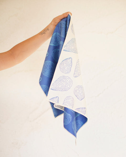 Coastal Oysters Kitchen & Tea Towel with vibrant oyster shell design, eco-friendly and absorbent.