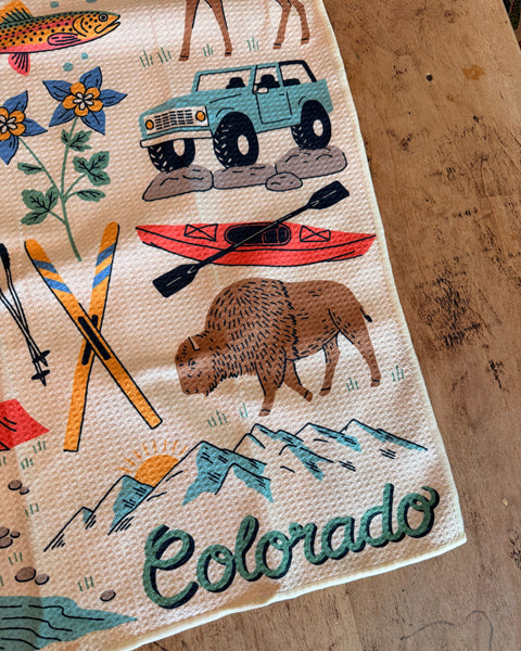 Colorful Colorado Kitchen & Tea Towel featuring nature and outdoor motifs, ideal for kitchen use.
