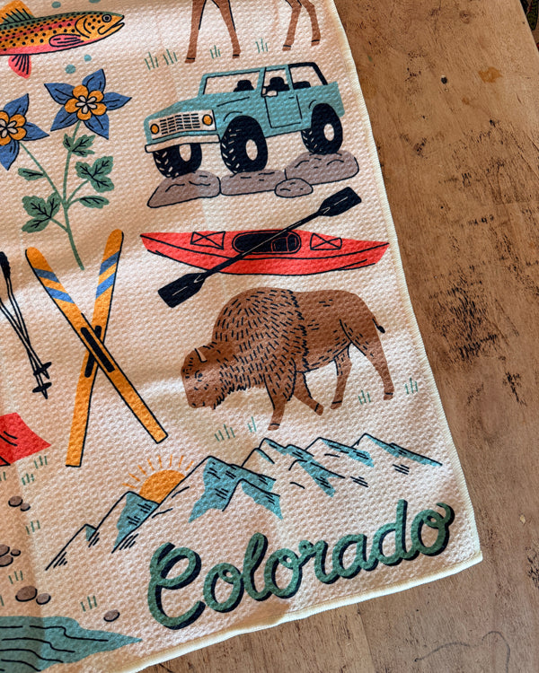 Colorful Colorado Kitchen & Tea Towel featuring nature and outdoor motifs, ideal for kitchen use.