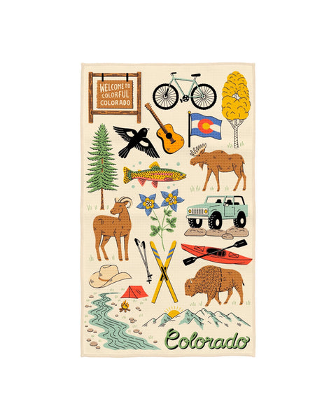Colorful Colorado Kitchen & Tea Towel with nature and adventure icons on recycled fabric.