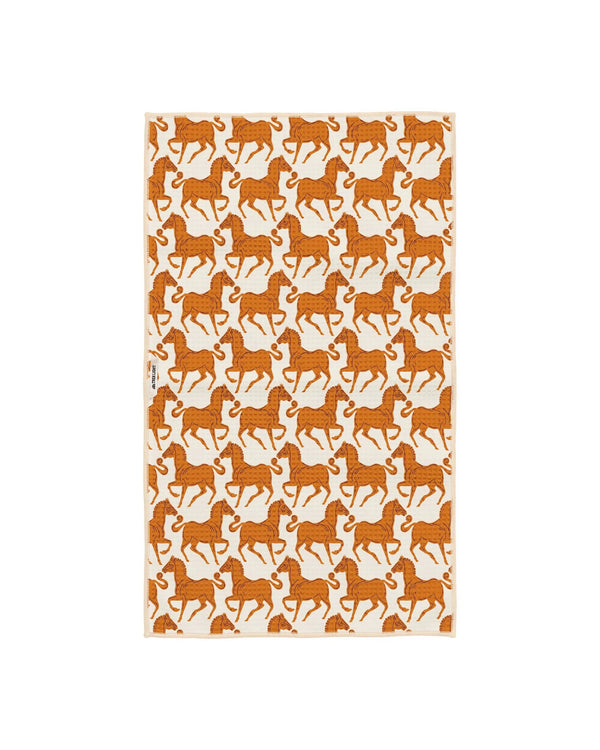 Cosmic Cowgirl Kitchen Tea Towel with orange horse pattern, eco-friendly, super absorbent fabric, perfect for spills and quick-drying.