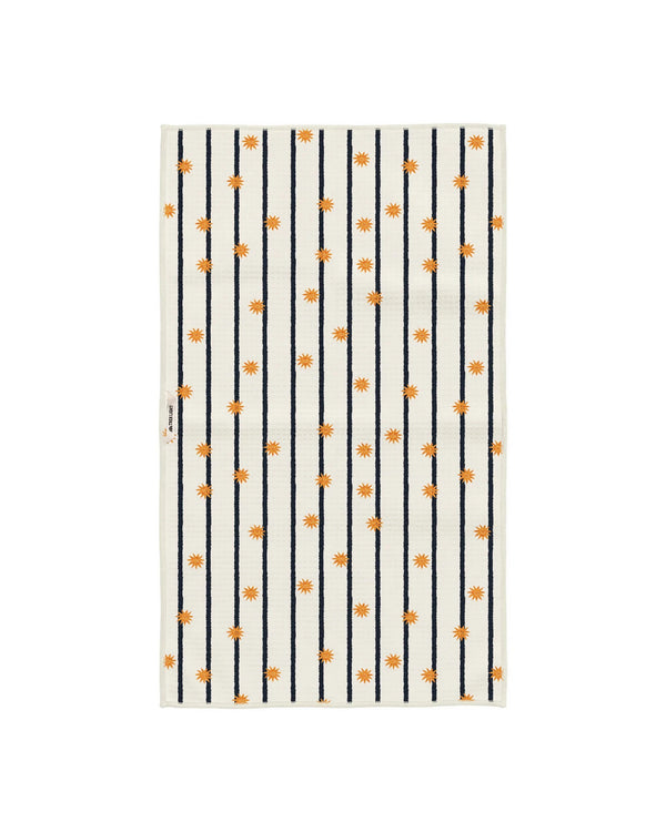 Cosmic Creatures Kitchen Tea Towel with orange patterns on a white background.