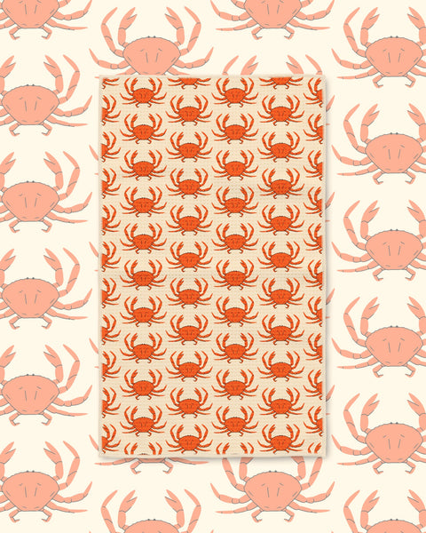 Crabs Kitchen & Tea Towel featuring vibrant crab pattern on eco-friendly fabric.