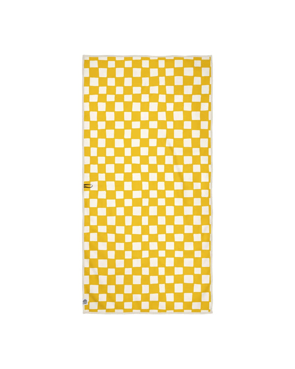 Yellow checkered Desert Dreams Wander & Travel Towel, quick-dry, sand-resistant, made from recycled materials, with hanging loop.