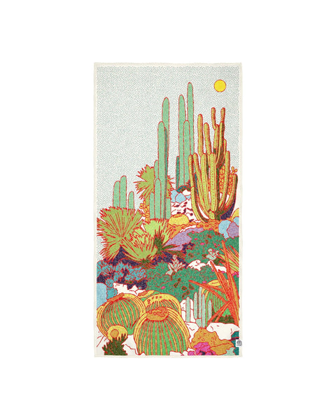 Desert Dreams Wander & Travel Towel with vibrant desert landscape design, quick-dry, sand-resistant, eco-friendly made from recycled materials.